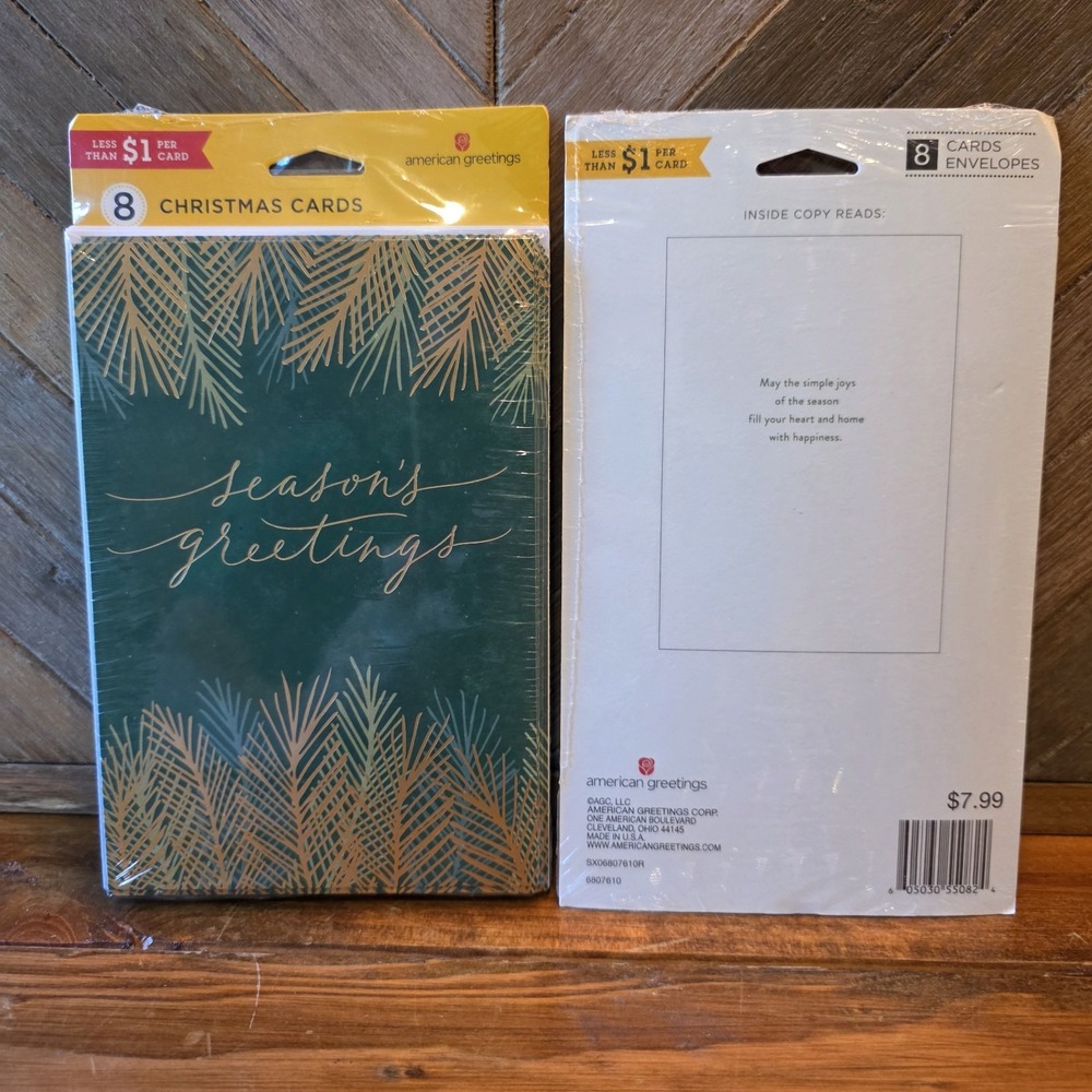 American Greetings Season's Greetings 8 Christmas Cards Lot of 2 Green & Gold